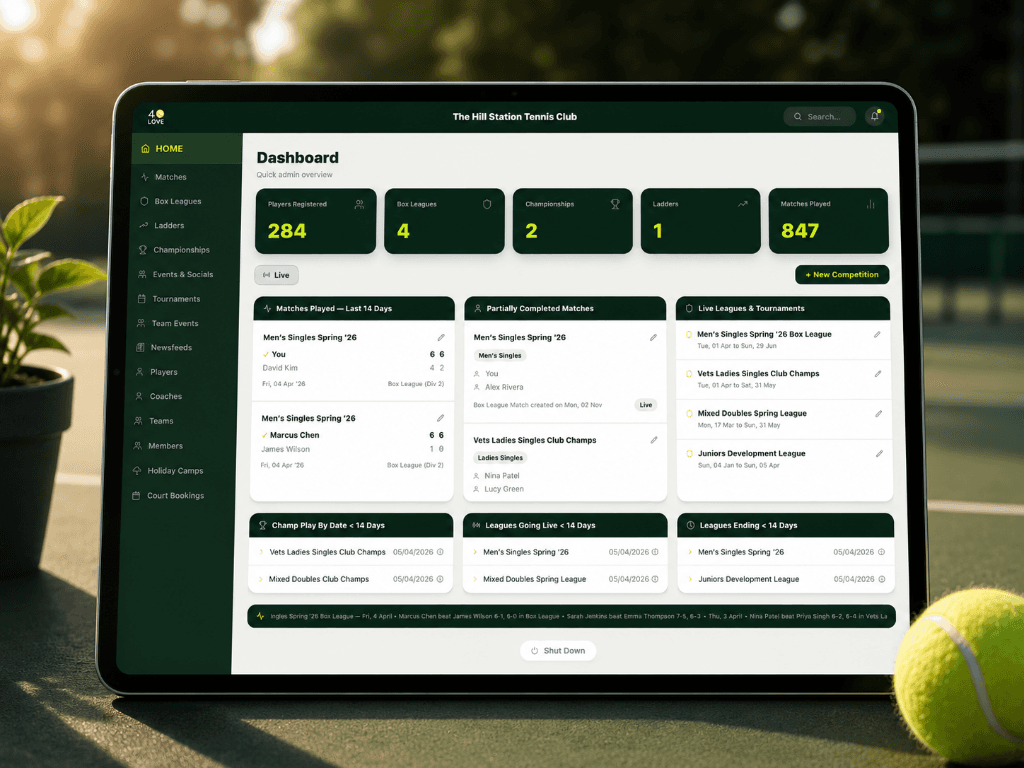 Club admin dashboard with tournament and match management