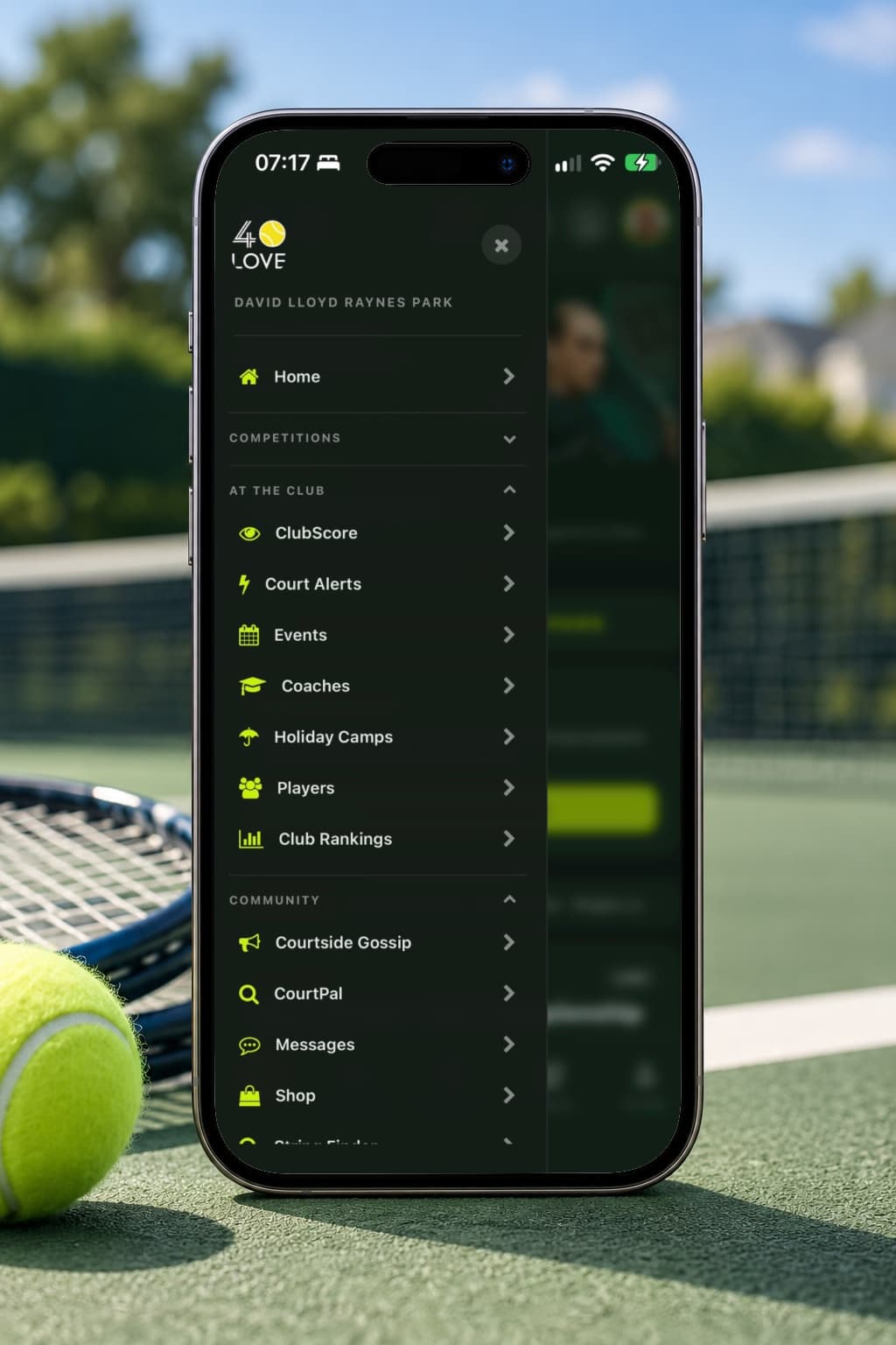 The 40LOVE menu, showing the sections available to a member