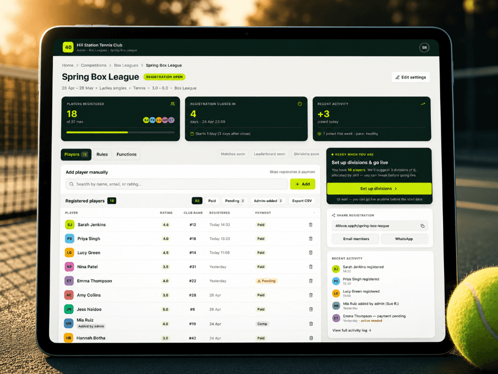 40LOVE box league management dashboard